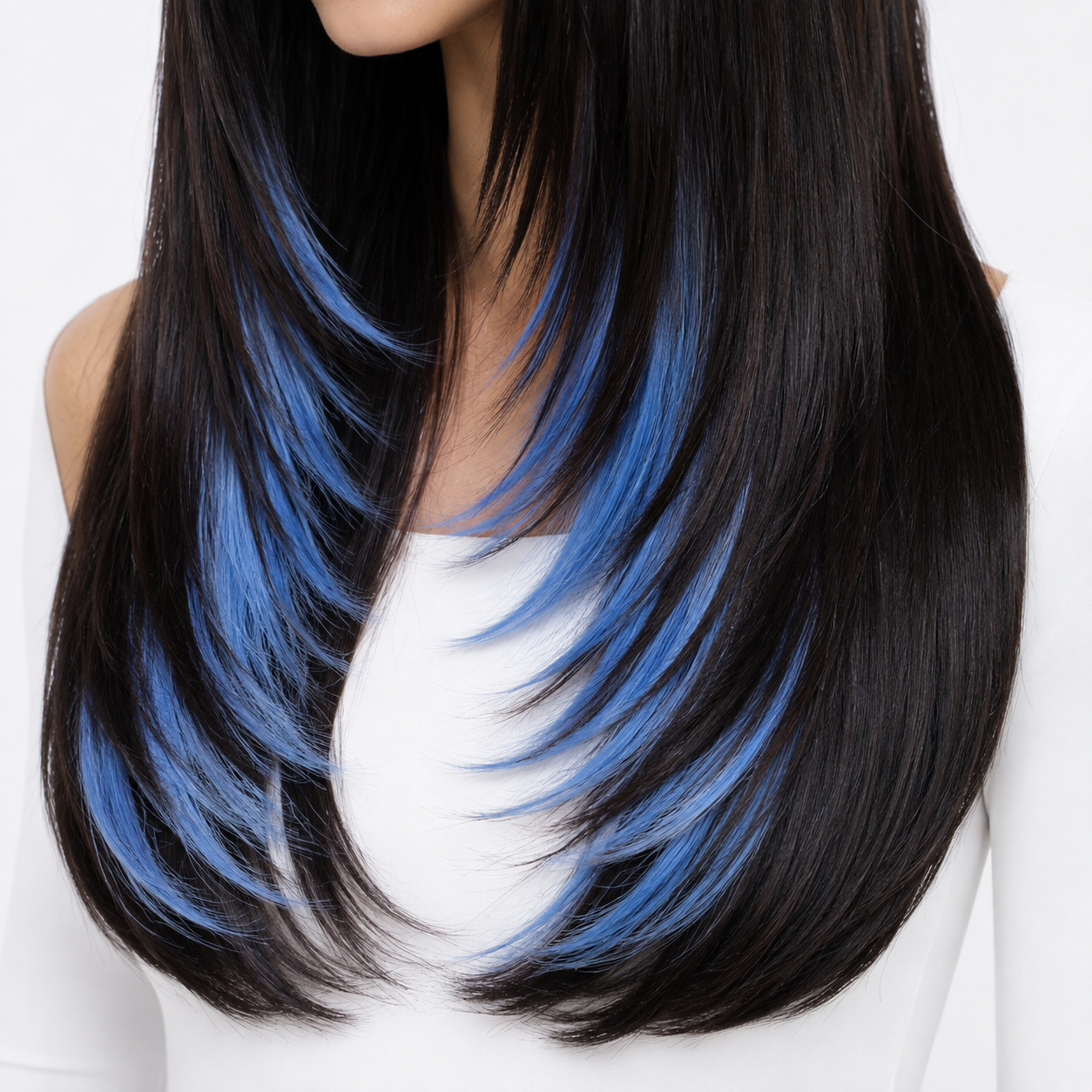 Black and Blue Highlight Long Straight Wig with Bangs