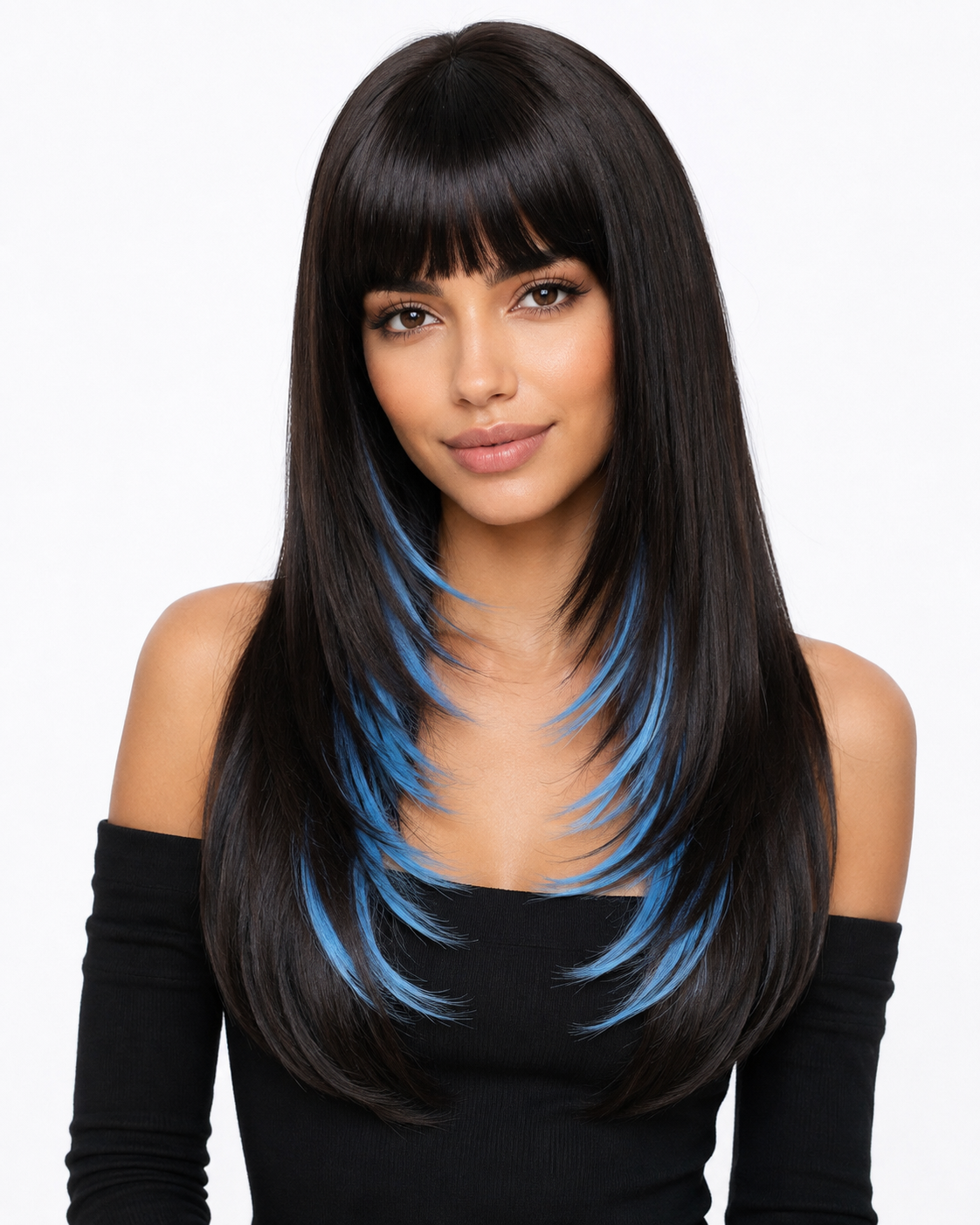 Black and Blue Highlight Long Straight Wig with Bangs