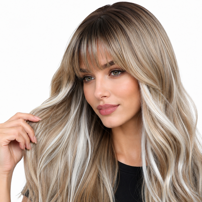 Glueless Layered Blonde Synthetic Wig with Curtain Bangs | BMOU Wigs