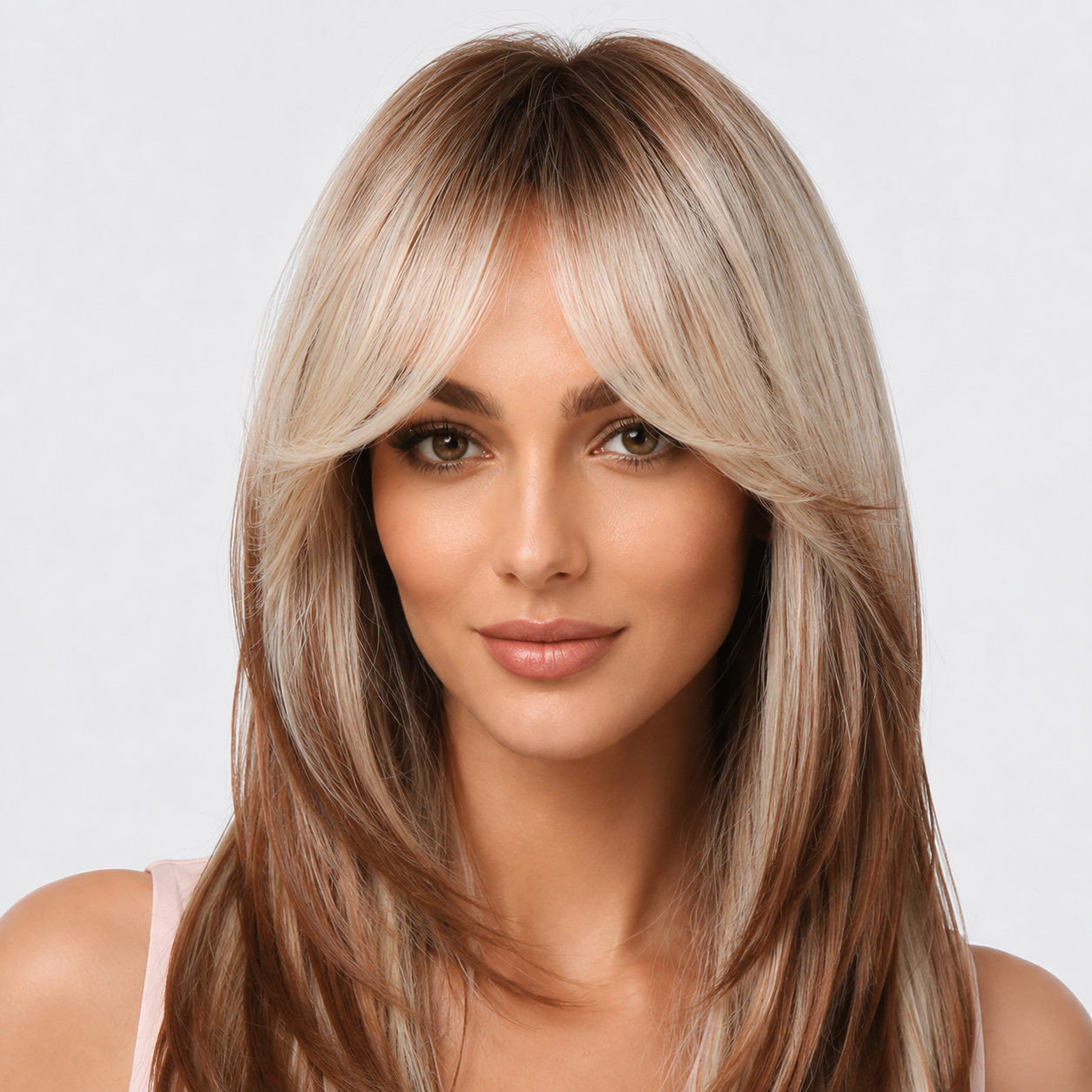 Long Layered Brown Wig with Curtain Bangs | Heat Resistant Synthetic Wig