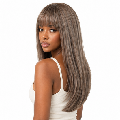 Ash Brown Layered Straight Wig with Bangs | Heat Resistant Wig
