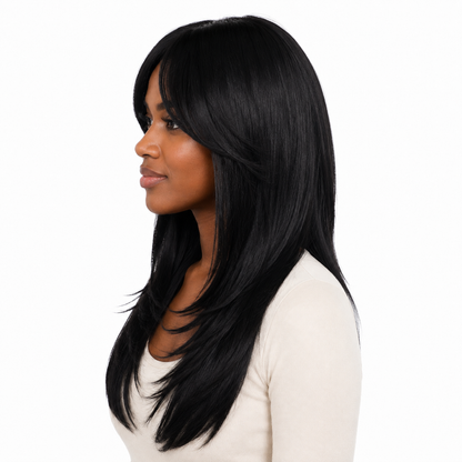 Long Layered Straight Black Wig with Curtain Bangs | Heat Resistant Synthetic Wig