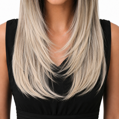 Glueless Layered Blonde Synthetic Wig with Curtain Bangs | Long Straight Heat Resistant Wig