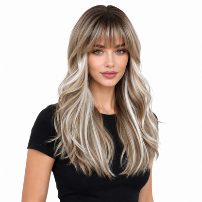 Glueless Layered Blonde Synthetic Wig with Curtain Bangs | BMOU Wigs
