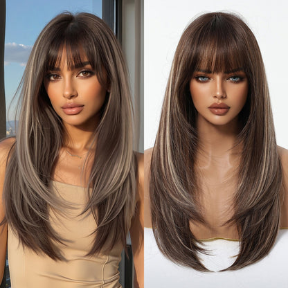Layered Long Straight Wig with Bangs – Glueless Heat-Resistant Synthetic Hair