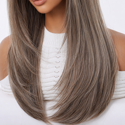 Ash Brown Layered Straight Wig with Bangs | Heat Resistant Wig