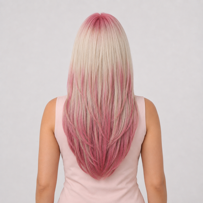 Pink Ombre Long Straight Wig with Curtain Bangs | Heat Resistant Synthetic Wig