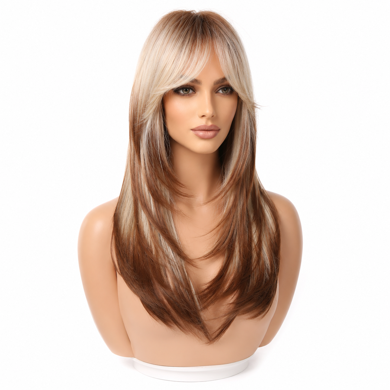 Long Layered Brown Wig with Curtain Bangs | Heat Resistant Synthetic Wig
