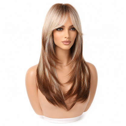 Long Layered Brown Wig with Curtain Bangs | Heat Resistant Synthetic Wig