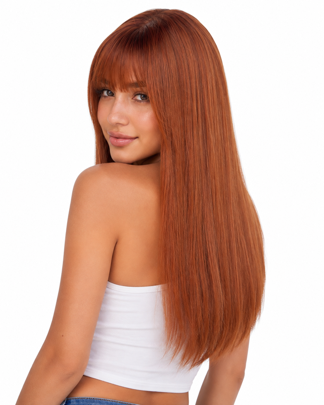 Copper Orange Long Straight Wig with Bangs