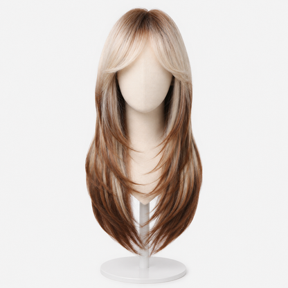 Long Layered Brown Wig with Curtain Bangs | Heat Resistant Synthetic Wig