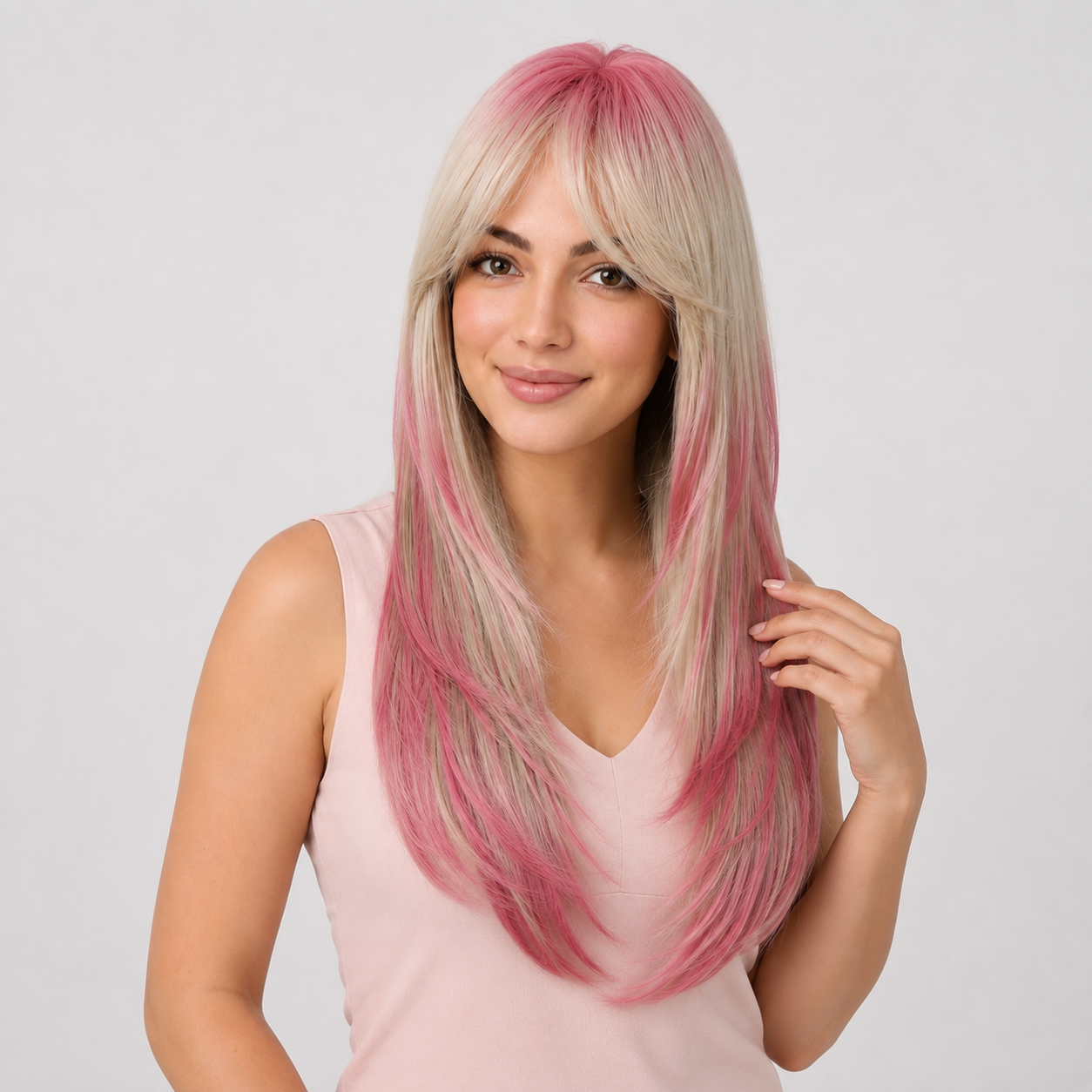 Pink Ombre Long Straight Wig with Curtain Bangs | Heat Resistant Synthetic Wig