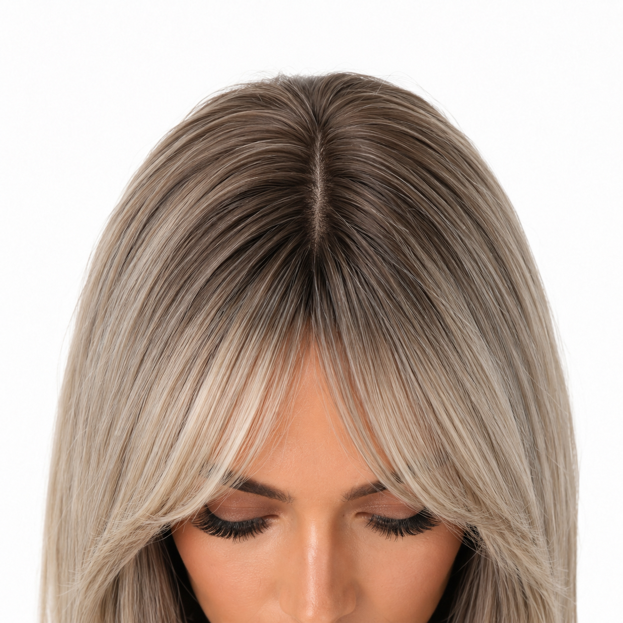 Glueless Layered Blonde Synthetic Wig with Curtain Bangs | Long Straight Heat Resistant Wig