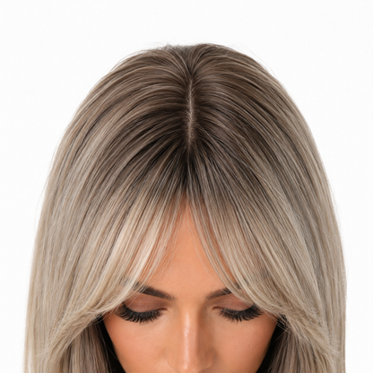 Glueless Layered Blonde Synthetic Wig with Curtain Bangs | Long Straight Heat Resistant Wig
