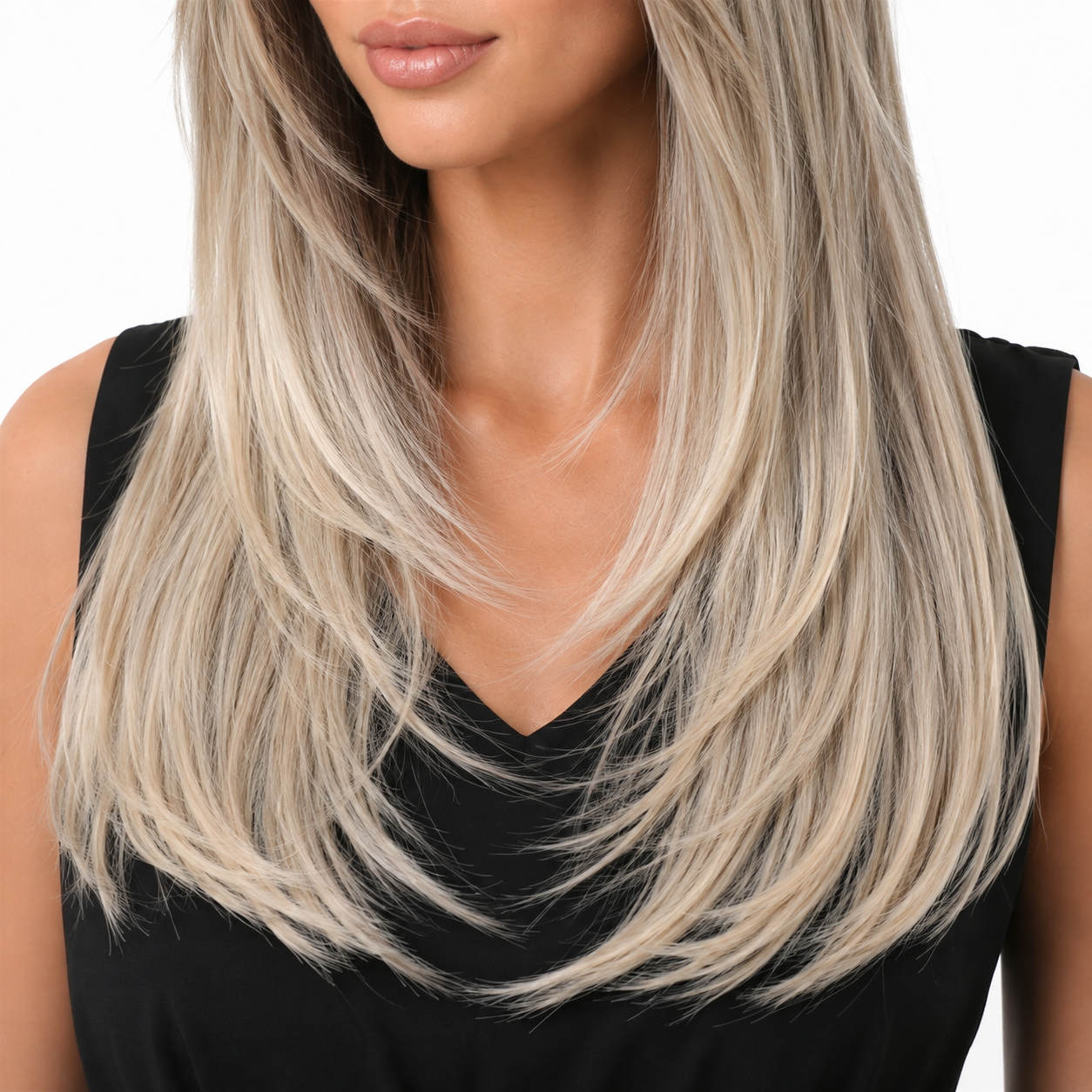 Glueless Layered Blonde Synthetic Wig with Curtain Bangs | Long Straight Heat Resistant Wig