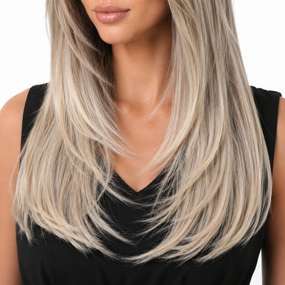 Glueless Layered Blonde Synthetic Wig with Curtain Bangs | Long Straight Heat Resistant Wig