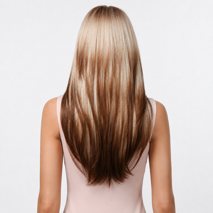 Long Layered Brown Wig with Curtain Bangs | Heat Resistant Synthetic Wig