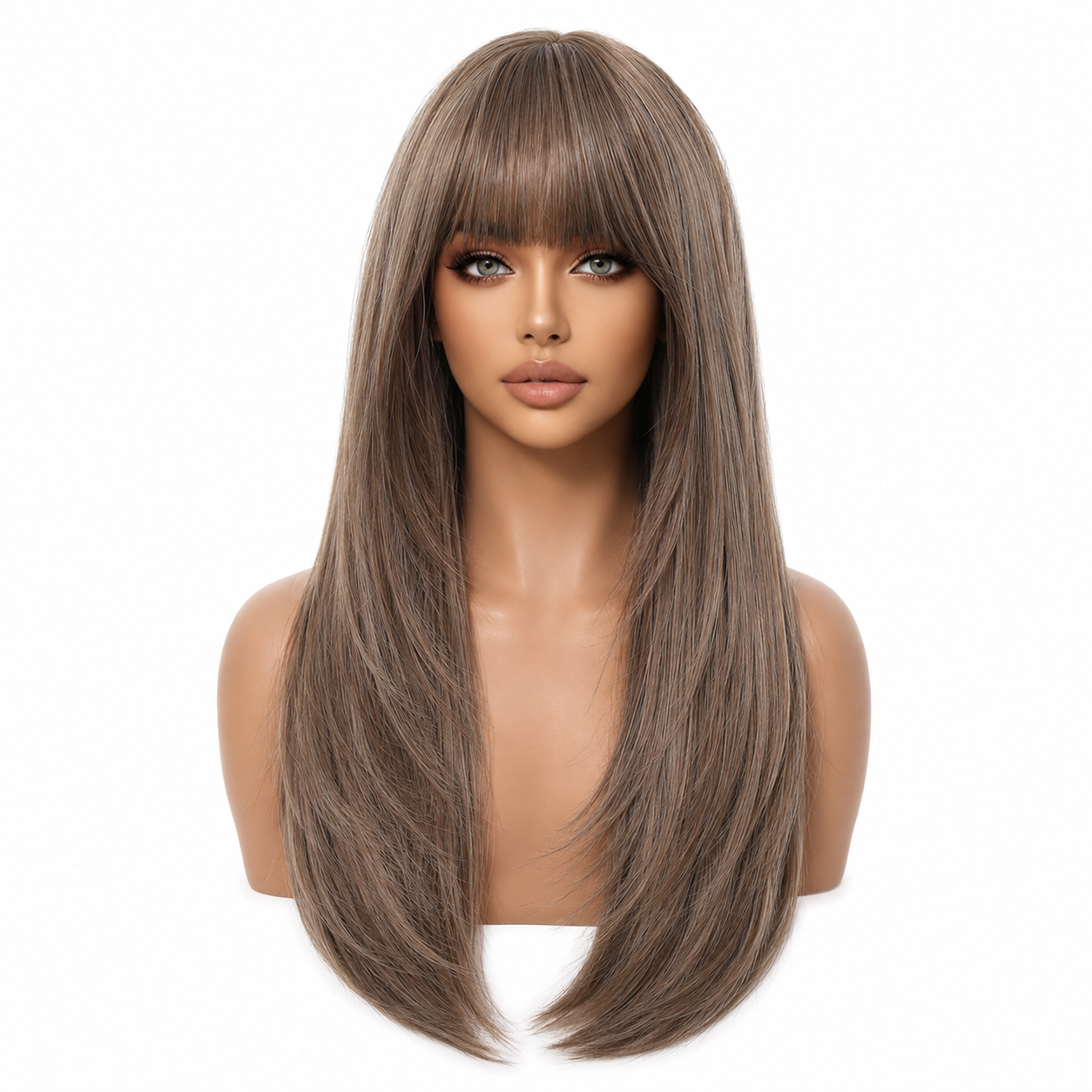 Ash Brown Layered Straight Wig with Bangs | Heat Resistant Wig