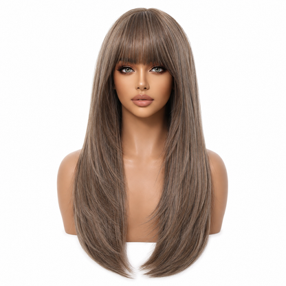 Ash Brown Layered Straight Wig with Bangs | Heat Resistant Wig