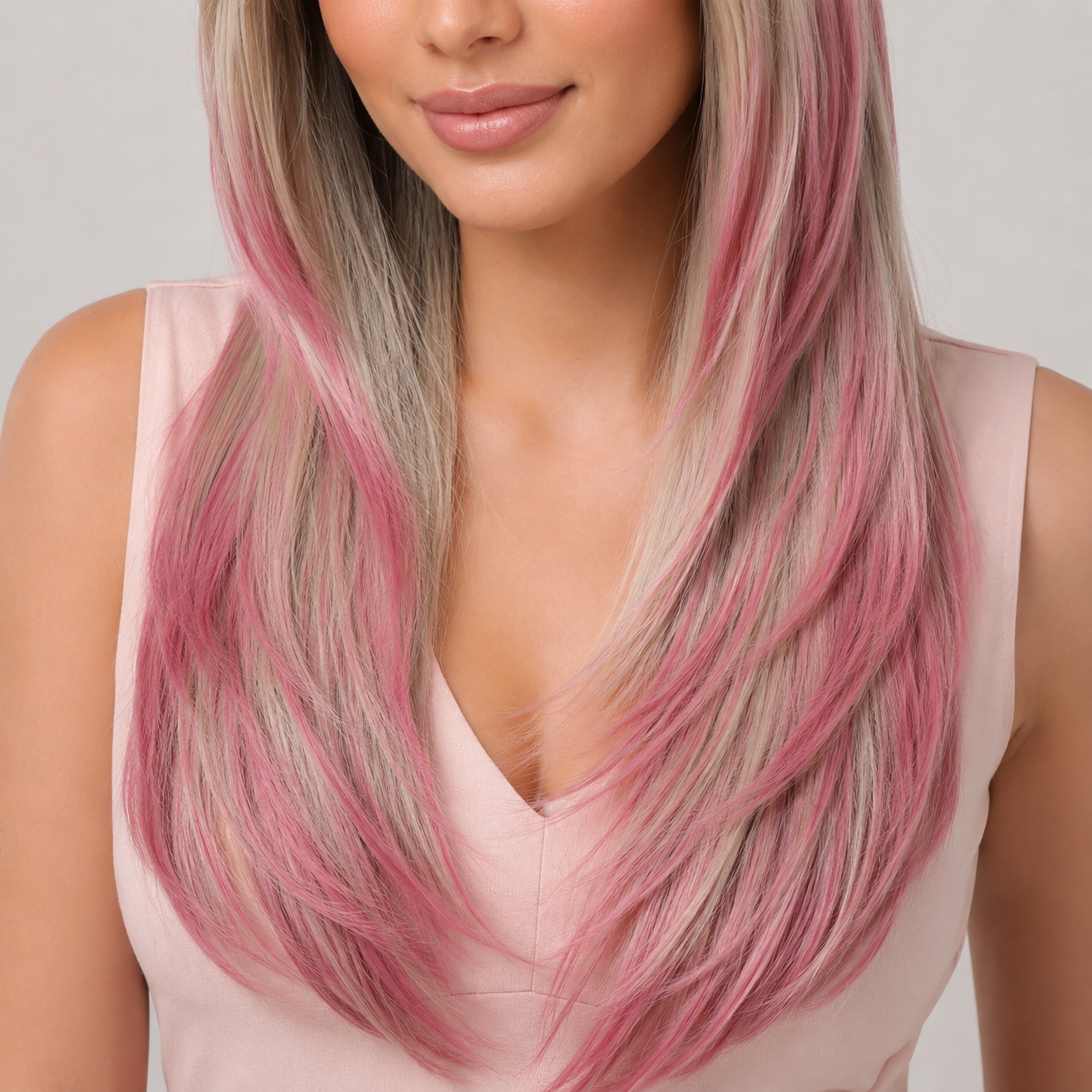 Pink Ombre Long Straight Wig with Curtain Bangs | Heat Resistant Synthetic Wig