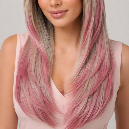 Pink Ombre Long Straight Wig with Curtain Bangs | Heat Resistant Synthetic Wig