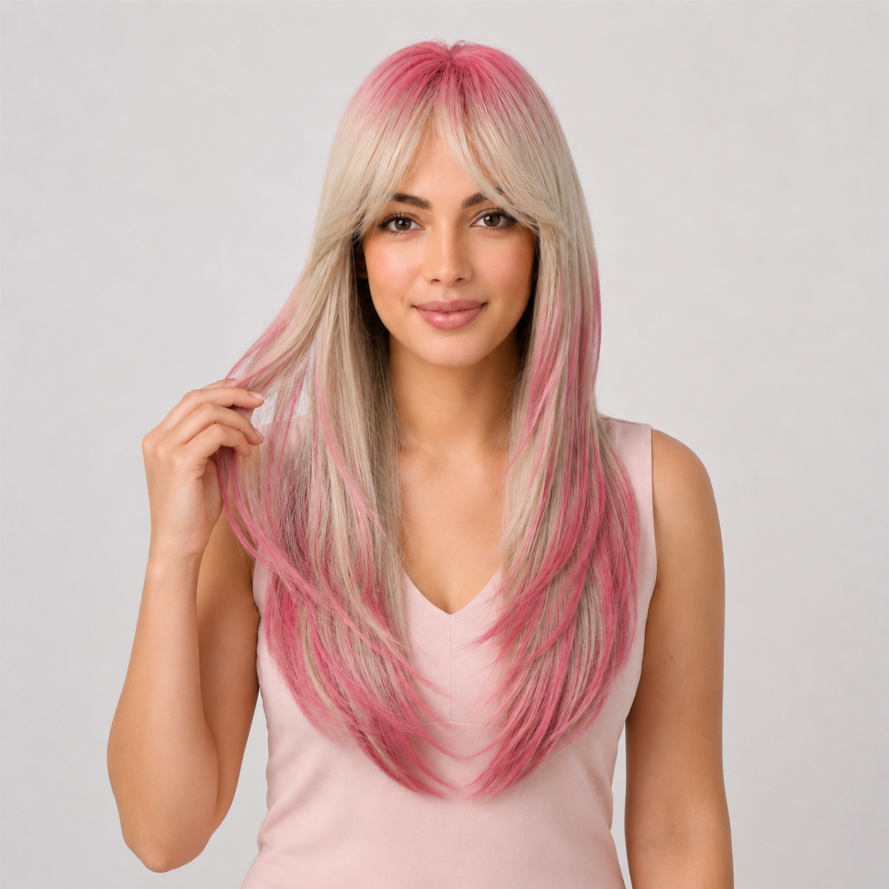 Pink Ombre Long Straight Wig with Curtain Bangs | Heat Resistant Synthetic Wig