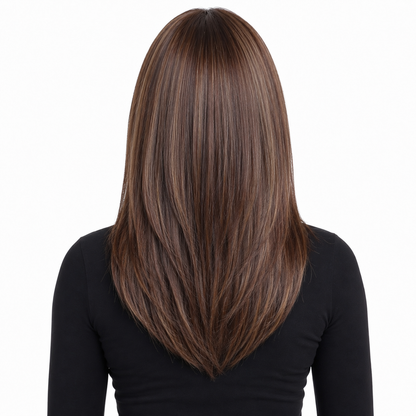 Long Straight Brown Synthetic Wig with Bangs | Glueless Heat Resistant Wig