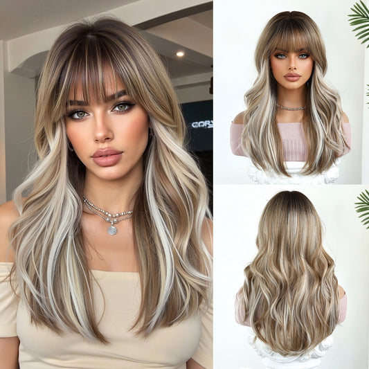 20-inch Highlighted Wavy Synthetic Wig with Bangs