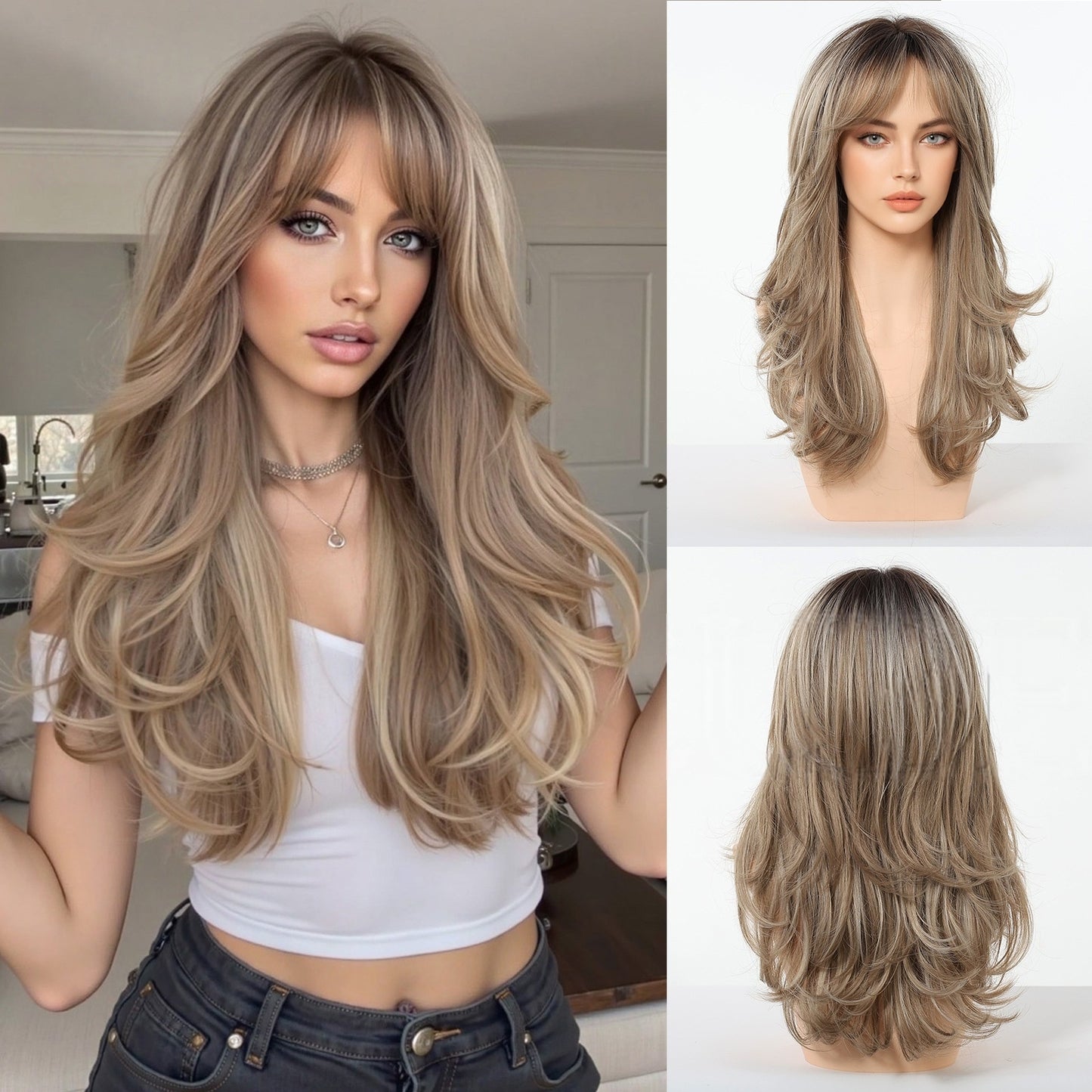 Glueless Layered Wavy Synthetic Wig with Curtain Bangs