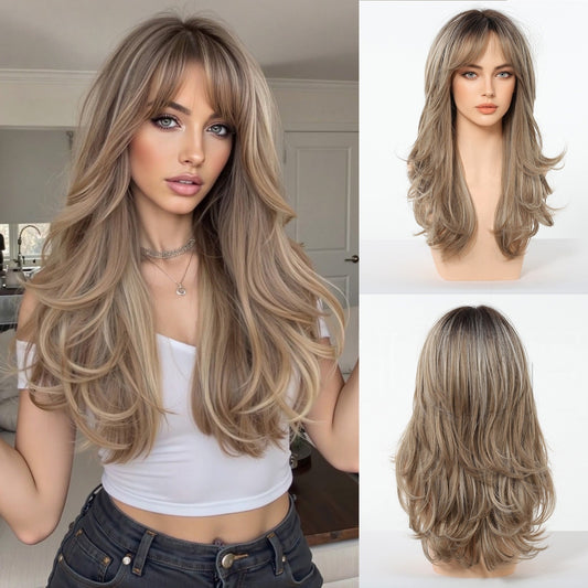 Glueless Layered Wavy Synthetic Wig with Curtain Bangs