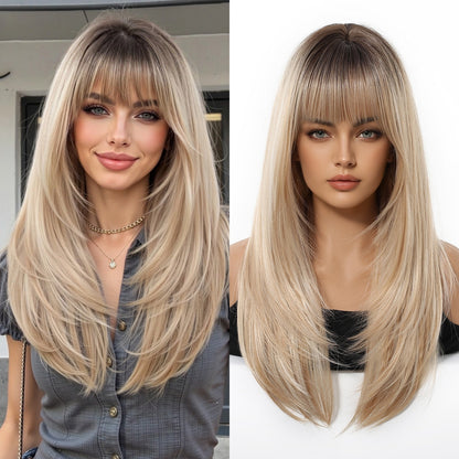 Layered Long Straight Wig with Bangs – Glueless Heat-Resistant Synthetic Hair